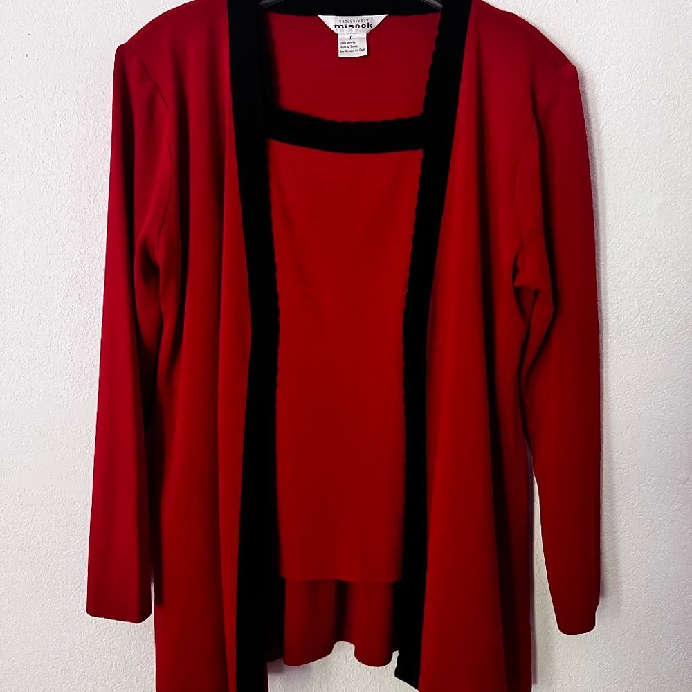 Misook Knit Sweater Set - Red + Black Trim - L